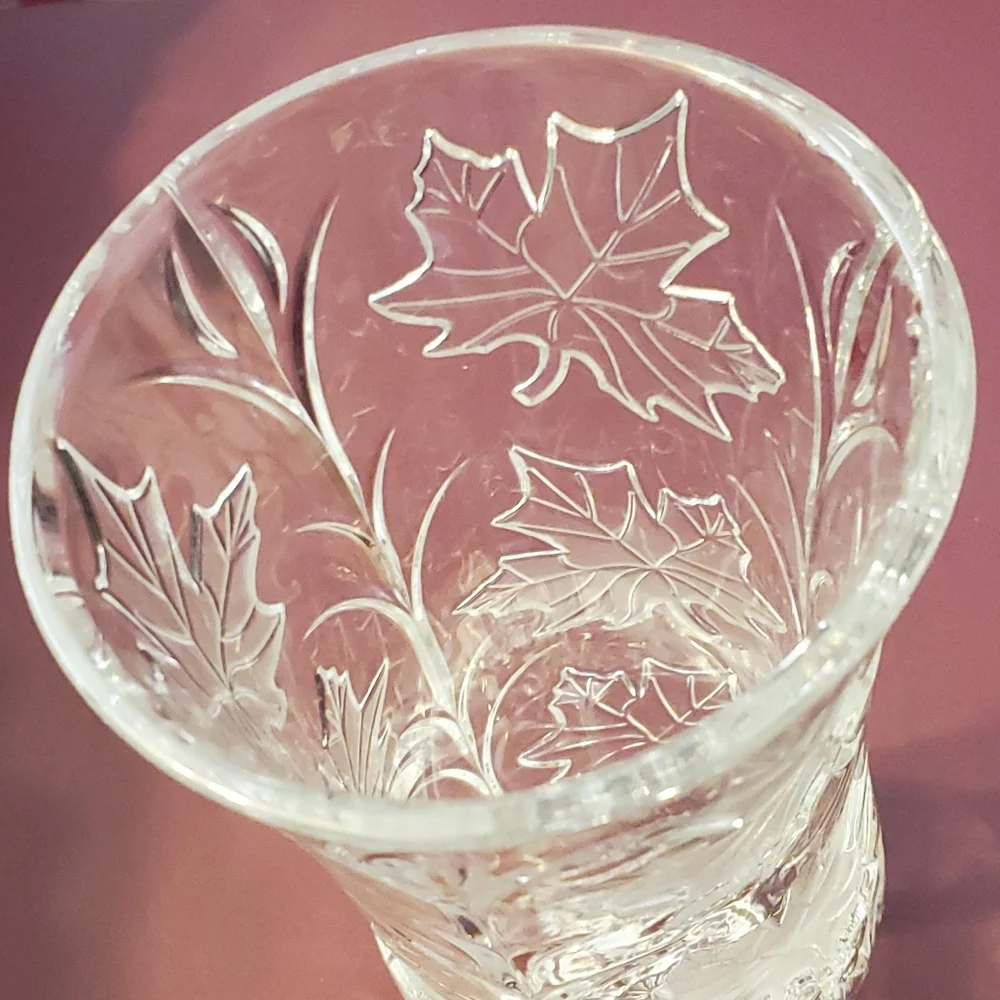 Deplomb vintage lead crystal frosted maple leaves vase 9 inches tall
